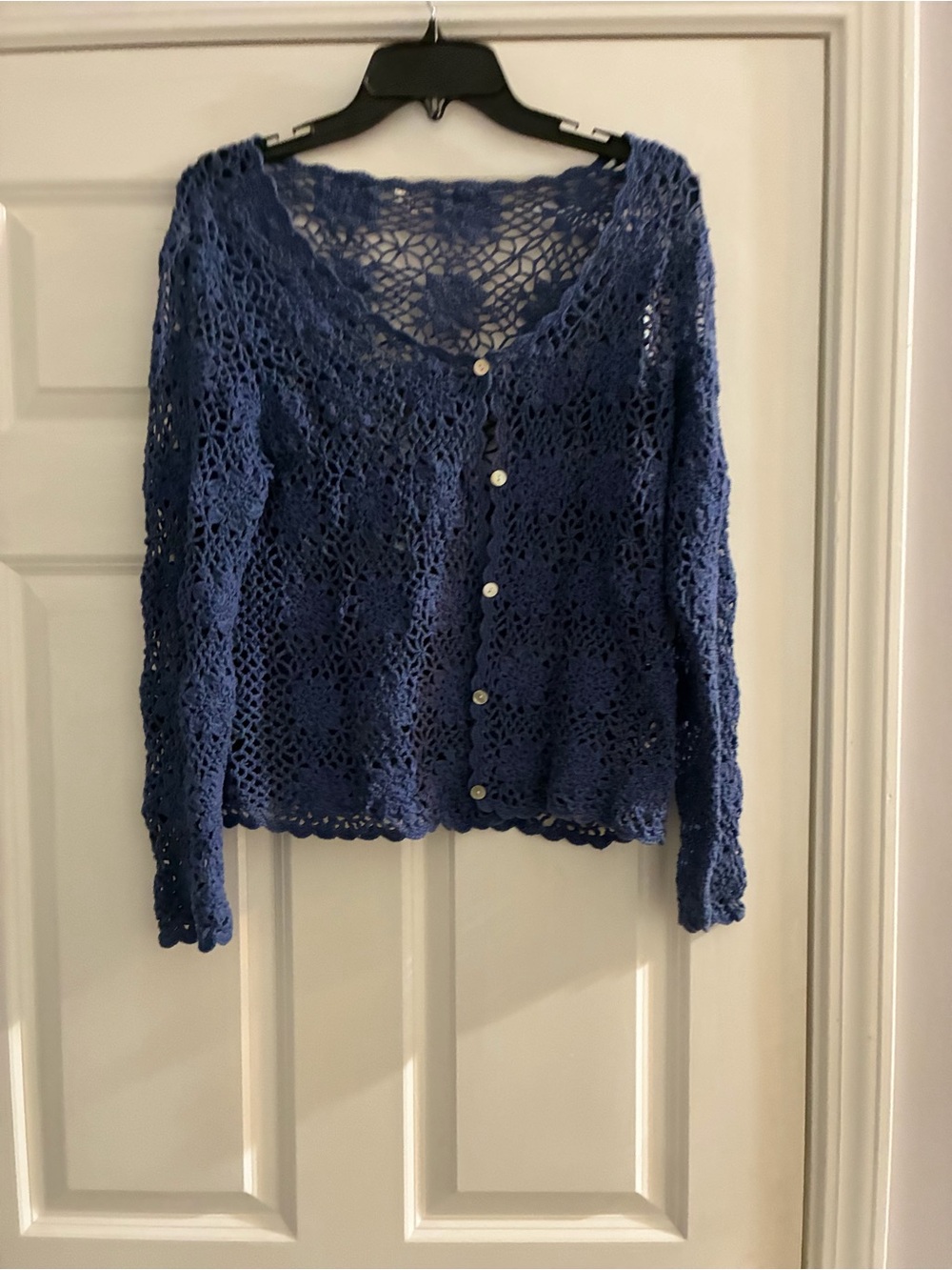 Blue Crochet Button-Front Scoop Neck Sweater, Large